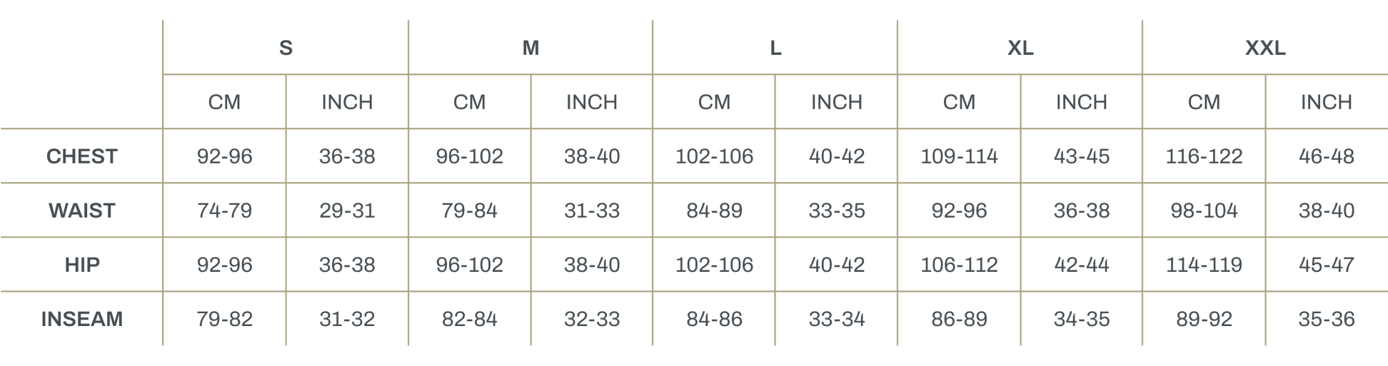Size chart for Men's clothing