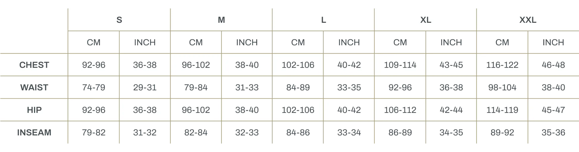 Size chart for Men's clothing